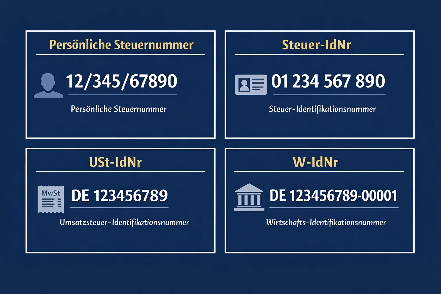 () infographic-style illustration showing four distinct German tax number types arranged in a 2x2 grid: persönliche