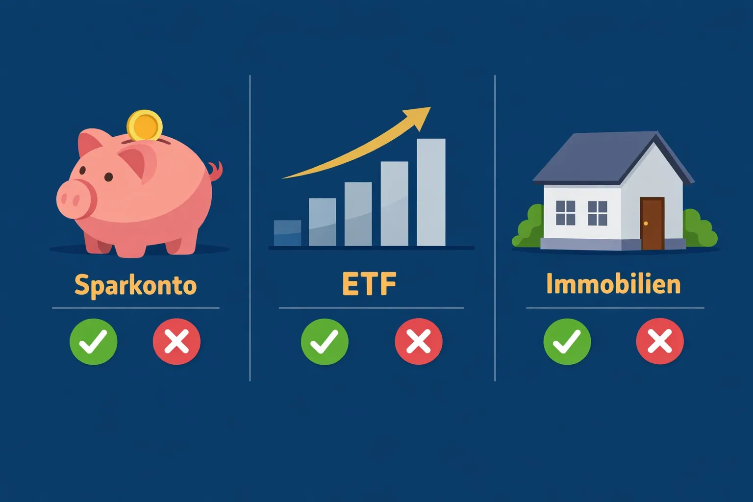 () comparison visual showing three investment types side by side for German beginners: a piggy bank labeled 'Sparkonto', a