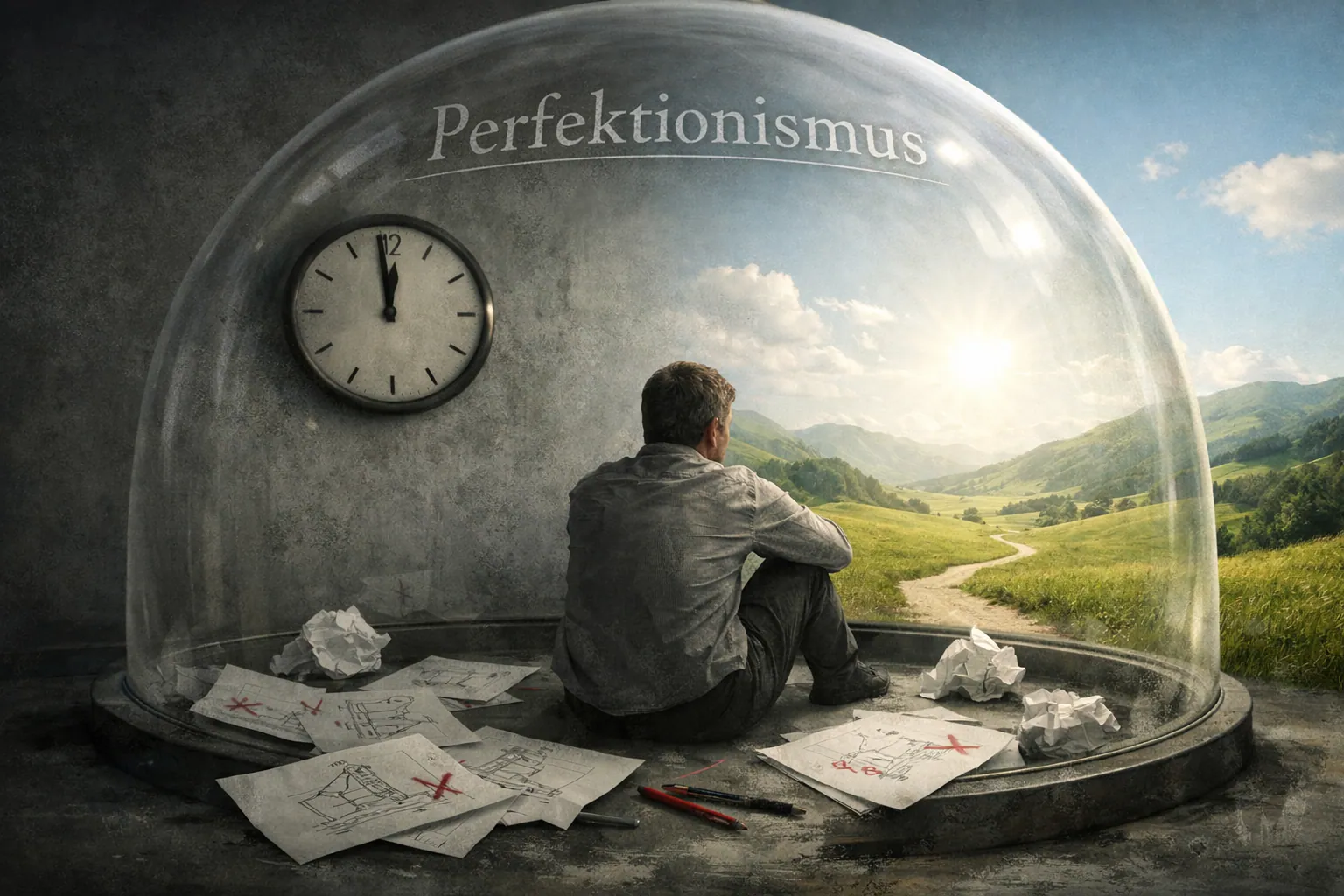 () conceptual illustration showing a person trapped inside a glass dome labeled 'Perfektionismus' in subtle etched