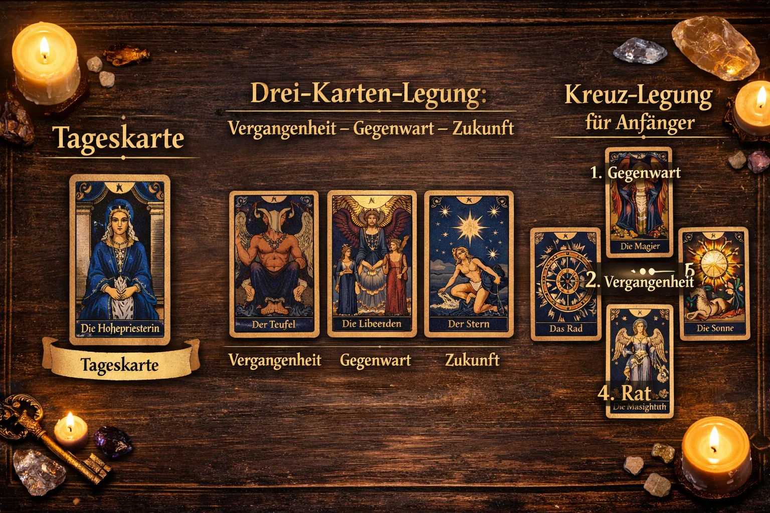 () detailed instructional illustration showing three Tarot card spreads side by side on a dark wooden table: a single card