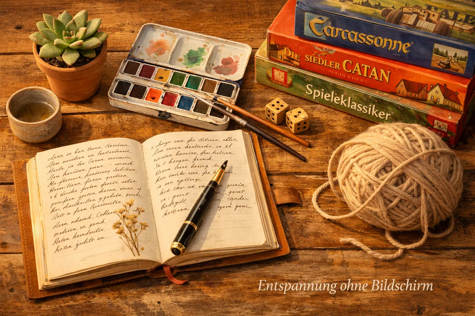 () editorial illustration showing a flat-lay overhead view of analog hobby materials arranged artfully on a rustic wooden