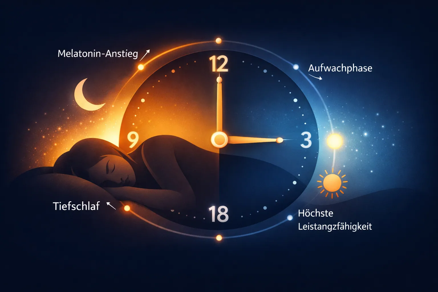 () editorial illustration showing a human circadian rhythm diagram as a soft-glow infographic on a dark navy background. A