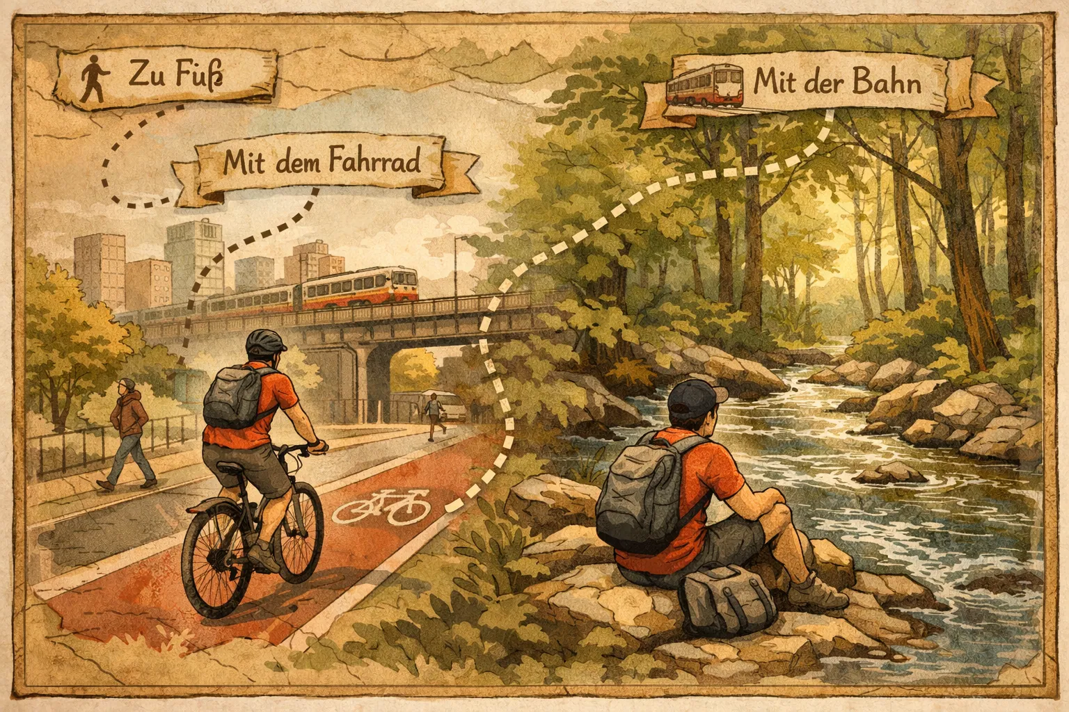 () editorial illustration showing a split-scene collage: left side depicts a person cycling on a city bike path with a small