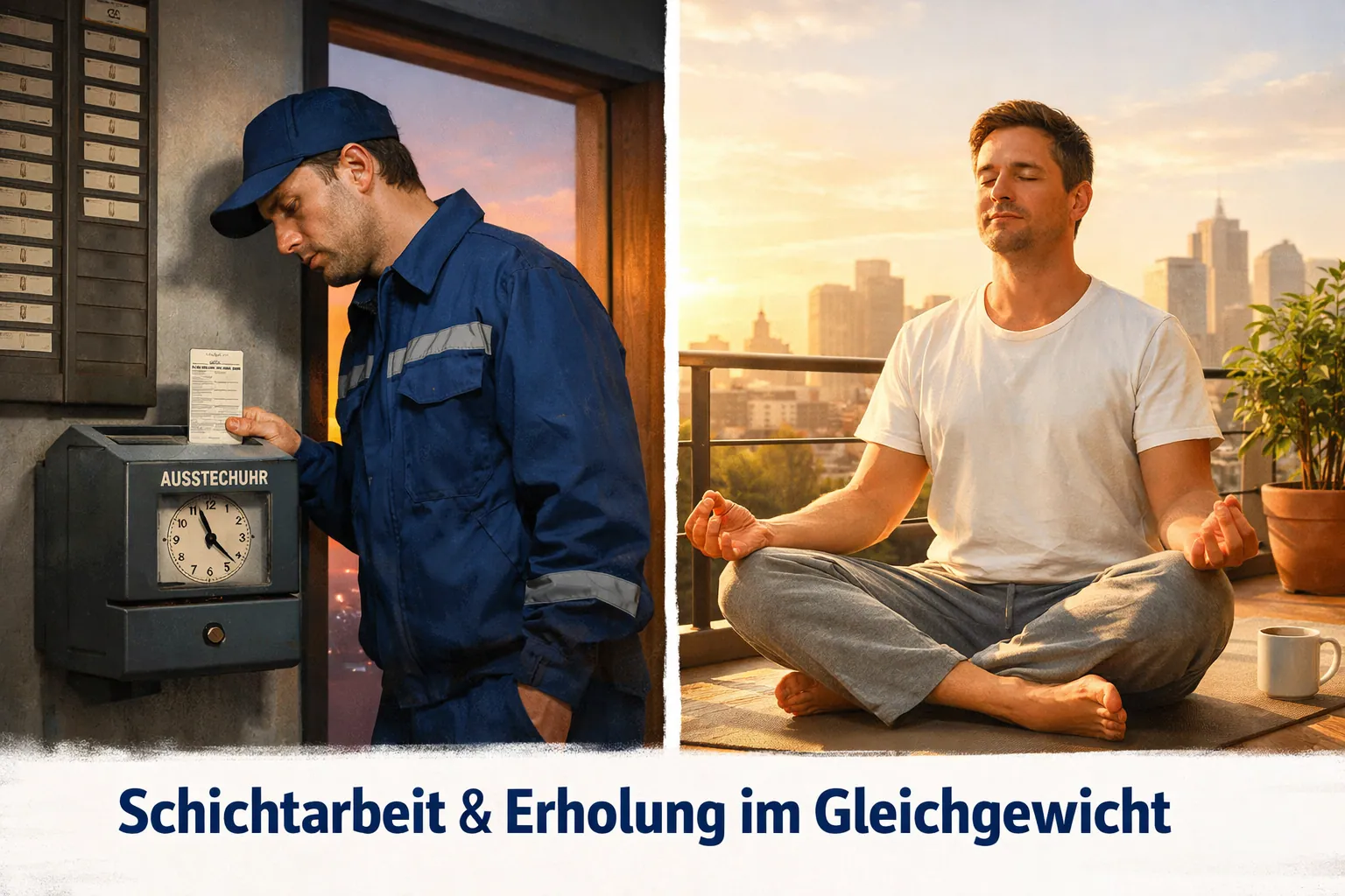 () editorial illustration showing a split-scene composition: left side depicts a tired shift worker in uniform clocking out