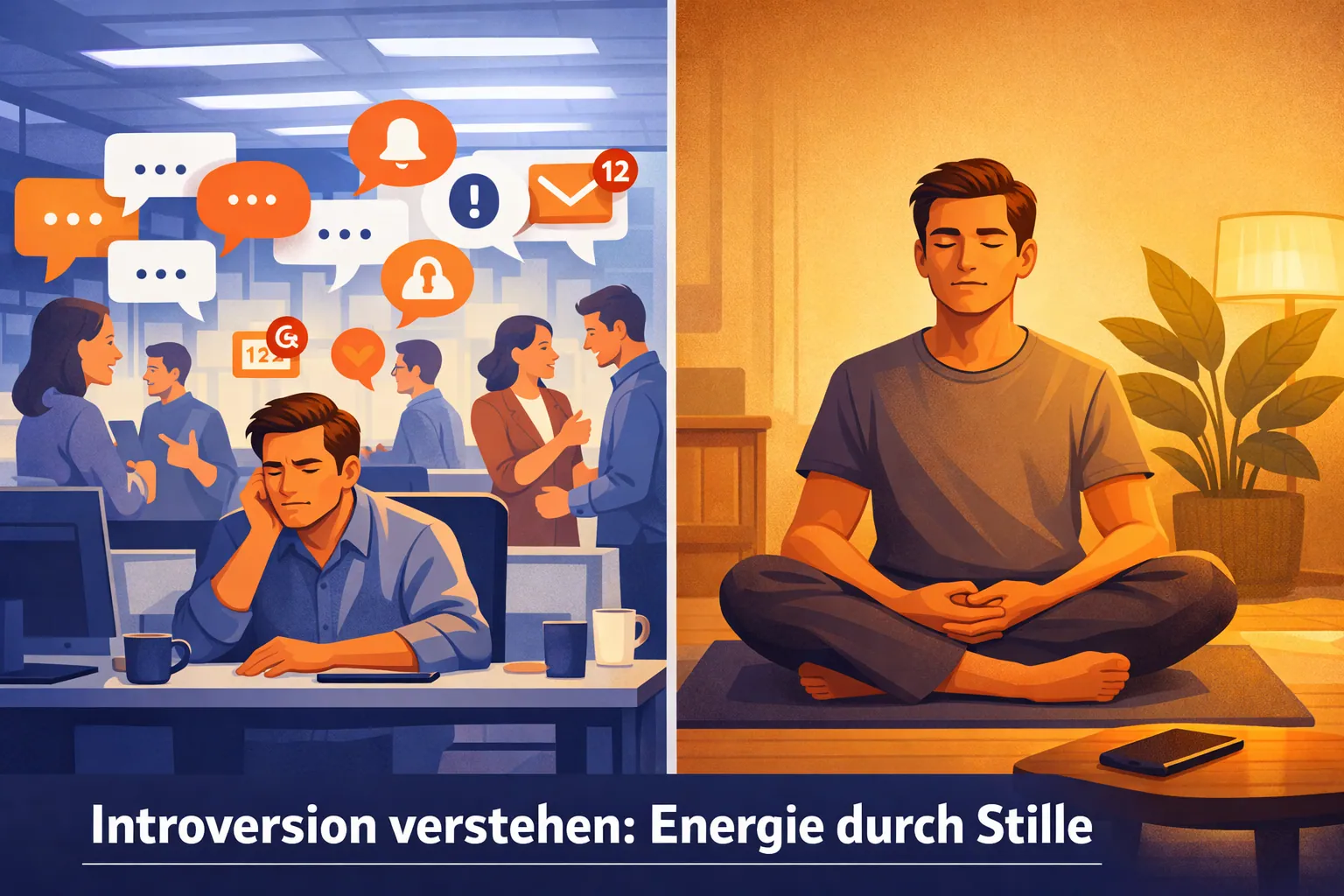 () editorial illustration showing a split-scene concept: left side depicts a bustling open-plan office with many people