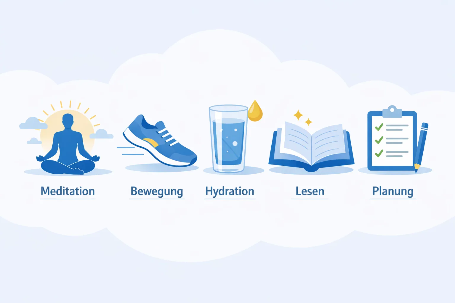 () editorial illustration showing five distinct morning habit icons arranged in a clean infographic style: a meditation