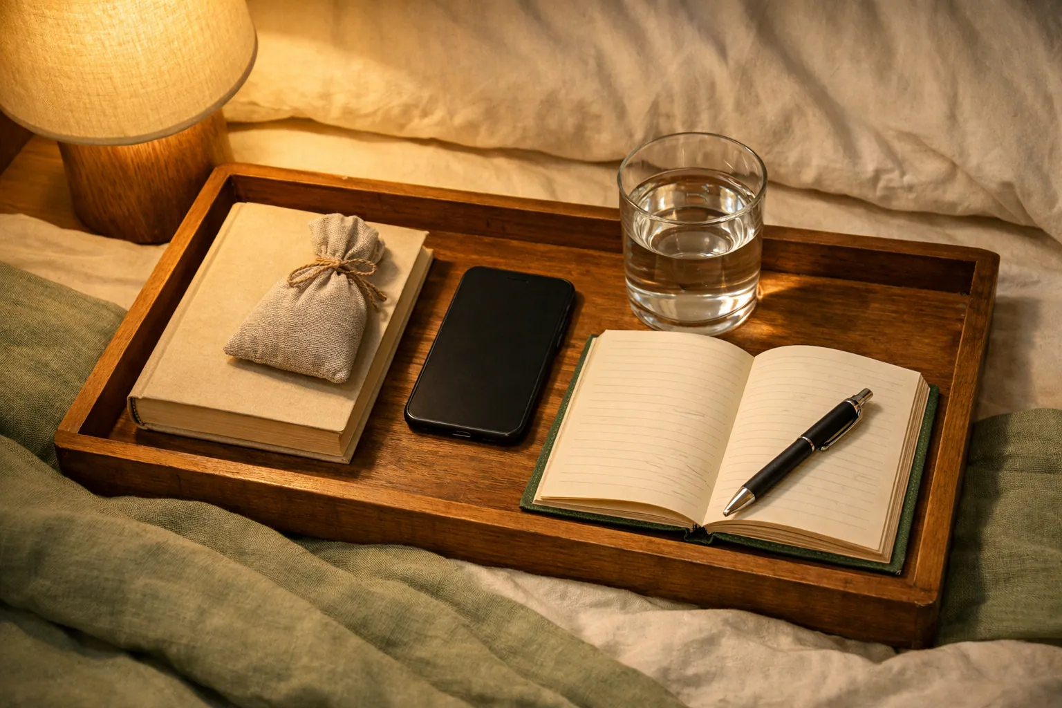 () editorial photo showing a top-down flat lay of a wooden tray on a bed with items representing an evening wind-down