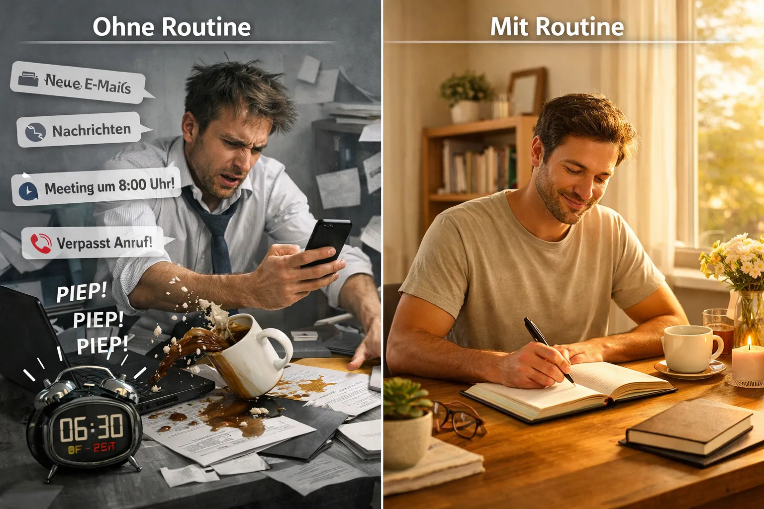 () showing a split-scene comparison: on the left, a chaotic morning scene with a person rushing, phone notifications