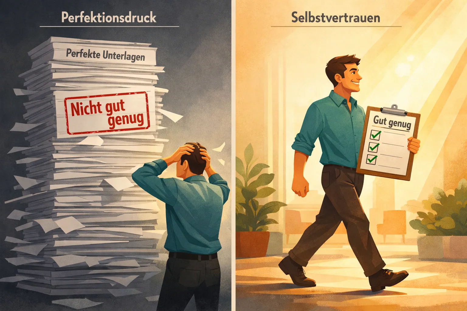 () showing a split-scene: on the left, a stressed figure paralyzed before a towering stack of 'perfekte' documents with a