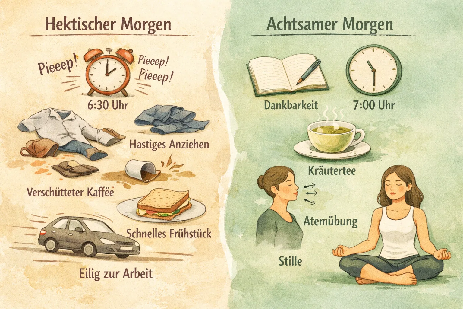 () editorial illustration showing a split daily routine timeline: left side depicts a chaotic rushed morning with scattered