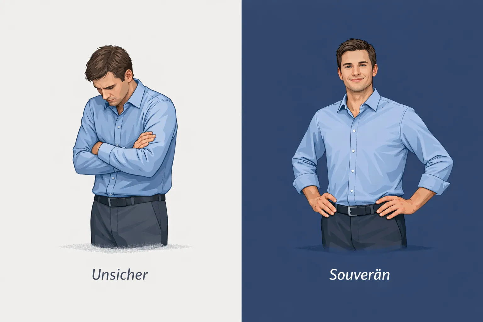 () editorial illustration showing a split-scene comparison: left side depicts a person with hunched posture, crossed arms,