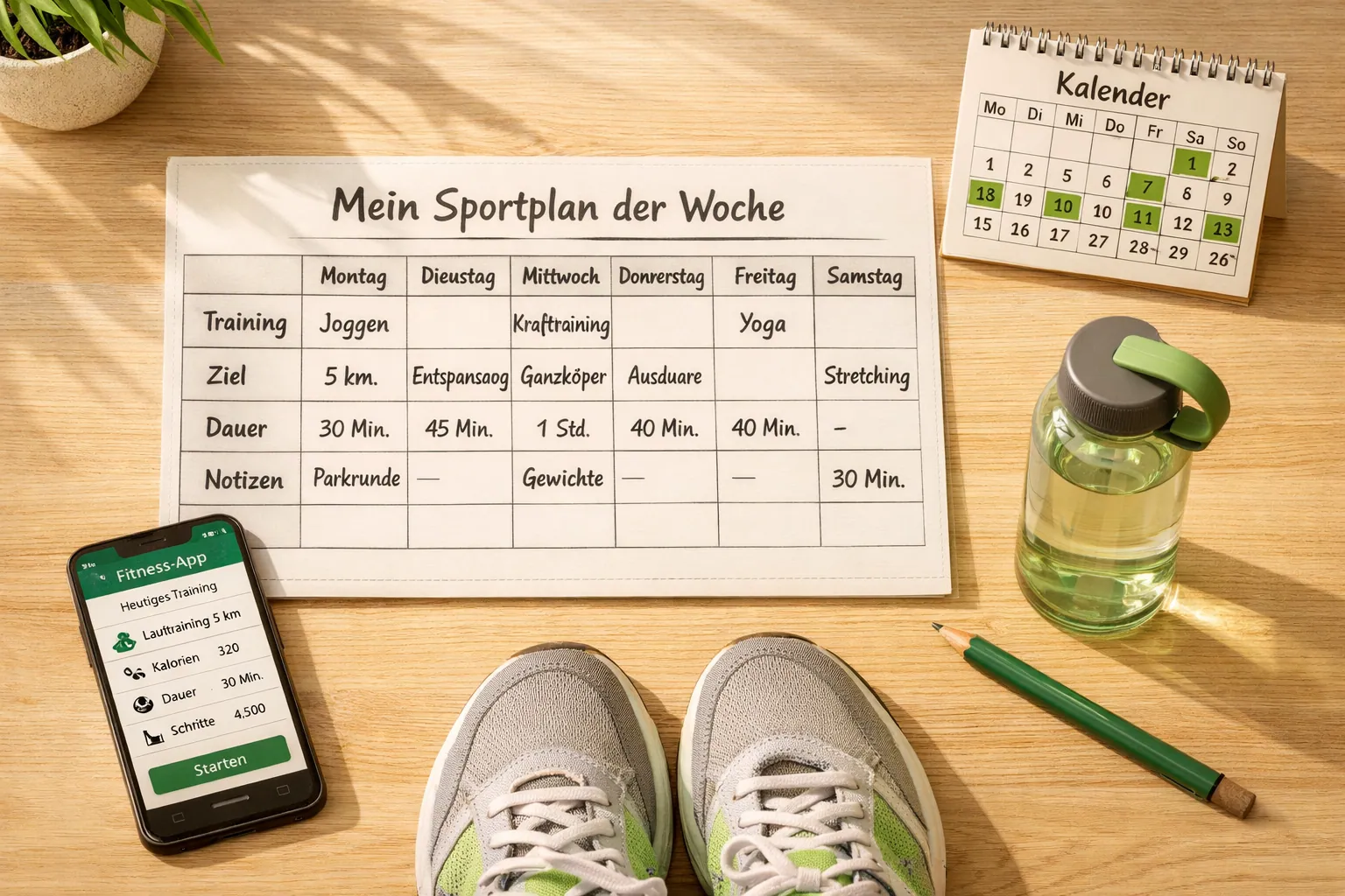 () editorial illustration showing a weekly sports schedule planner on a desk with a smartphone displaying a fitness app,
