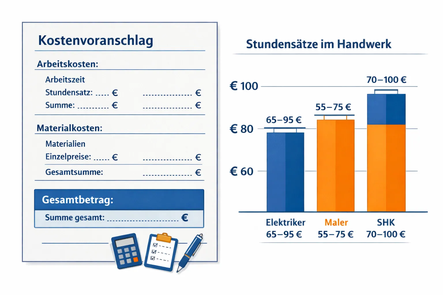 () detailed infographic illustration showing a structured Kostenvoranschlag document layout with labeled German sections: