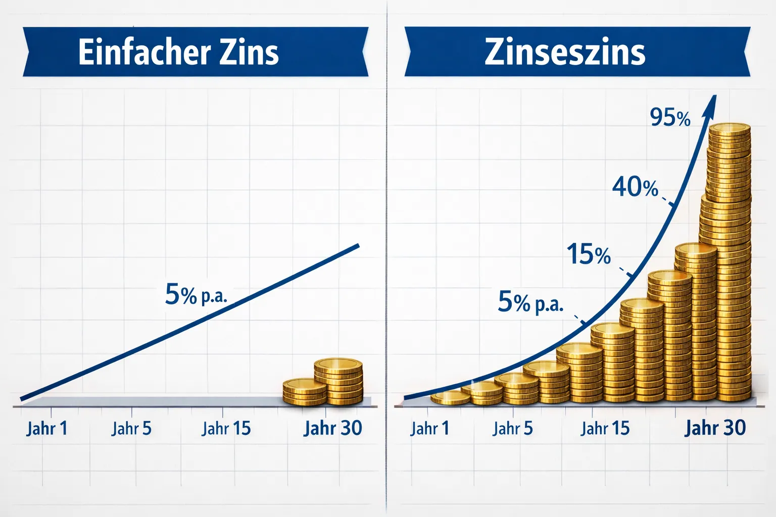 () educational infographic illustration showing a split-screen comparison: left side labeled 'Einfacher Zins' with a
