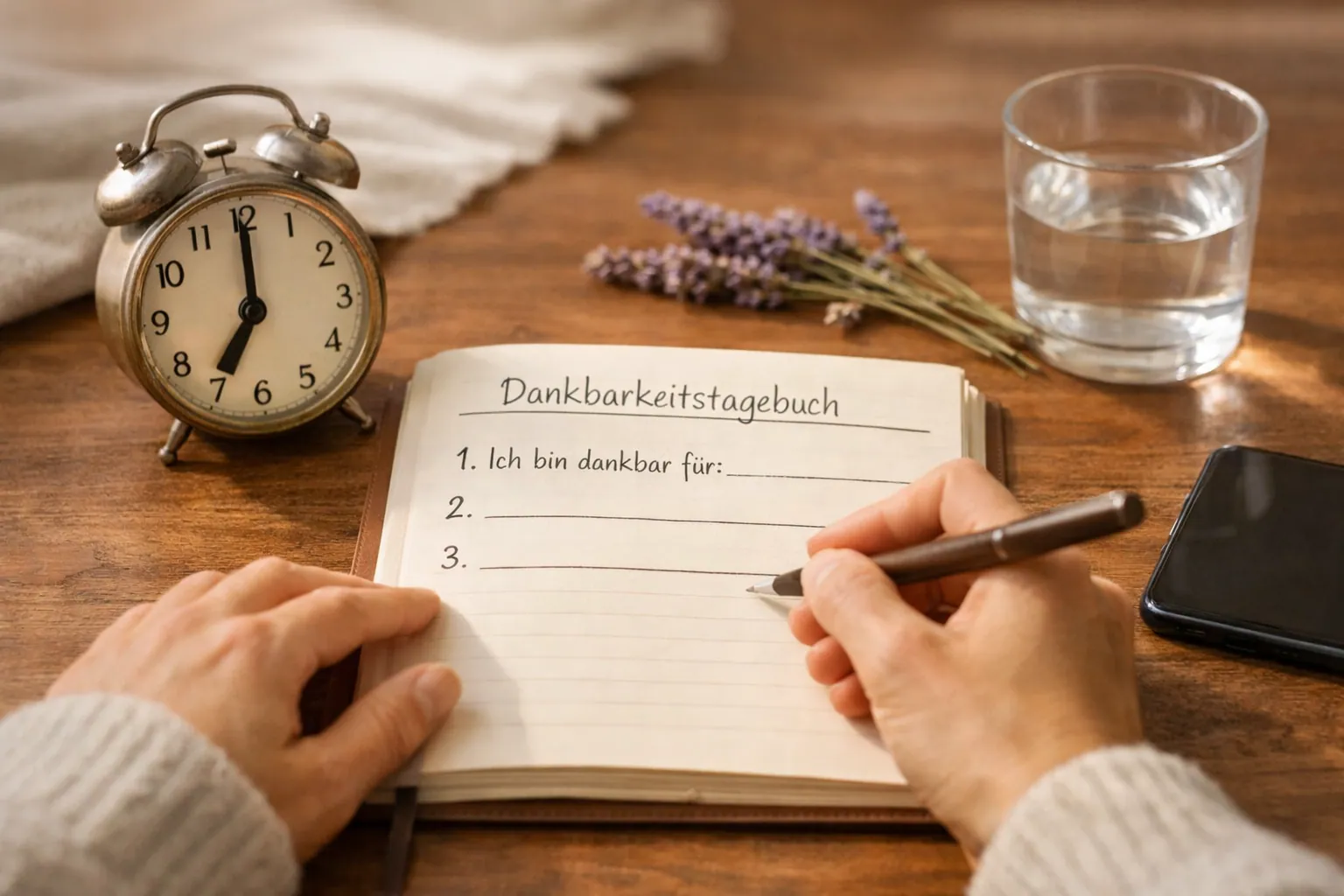 () editorial photo-realistic scene showing a close-up of hands writing in a gratitude journal on a wooden desk, a small