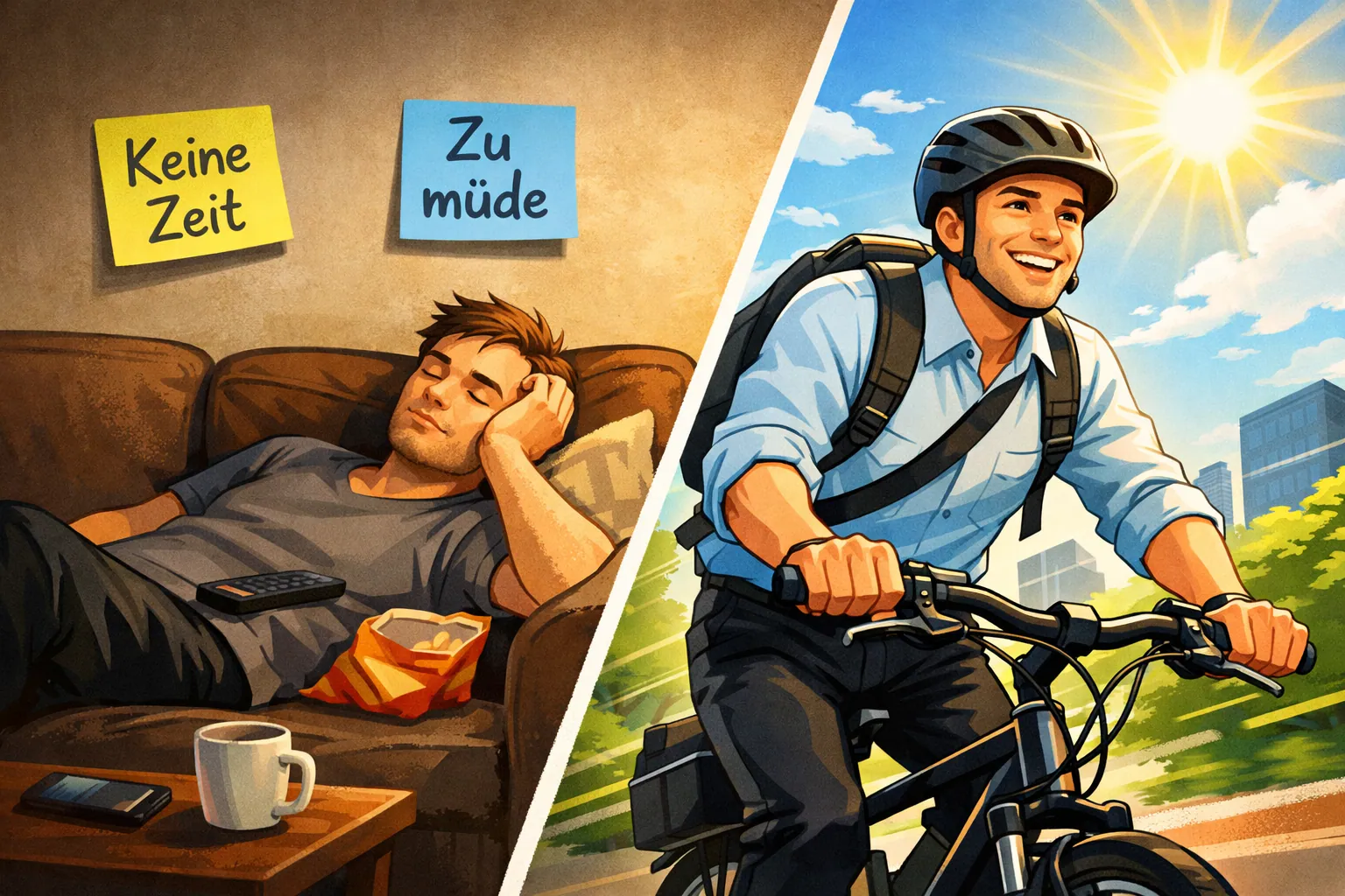 () concept image showing a split-scene: left side depicts a tired person skipping exercise on a couch with excuses written