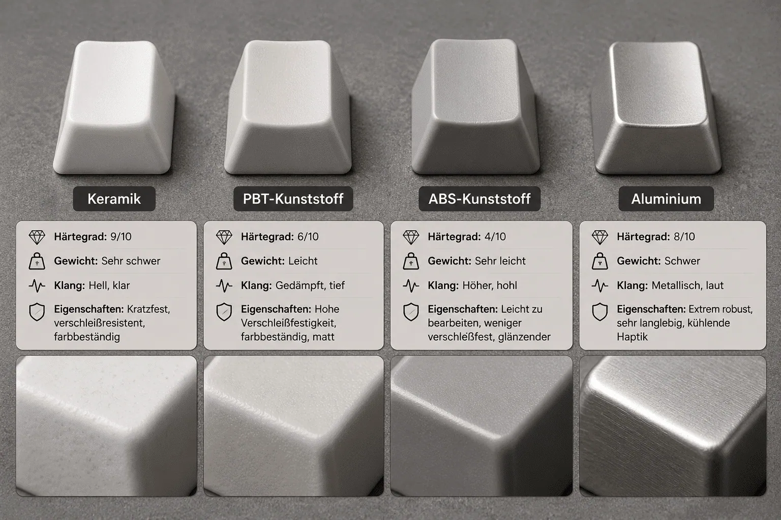 Detailed () comparison flat-lay image showing four different keycap materials side by side on a neutral grey surface: