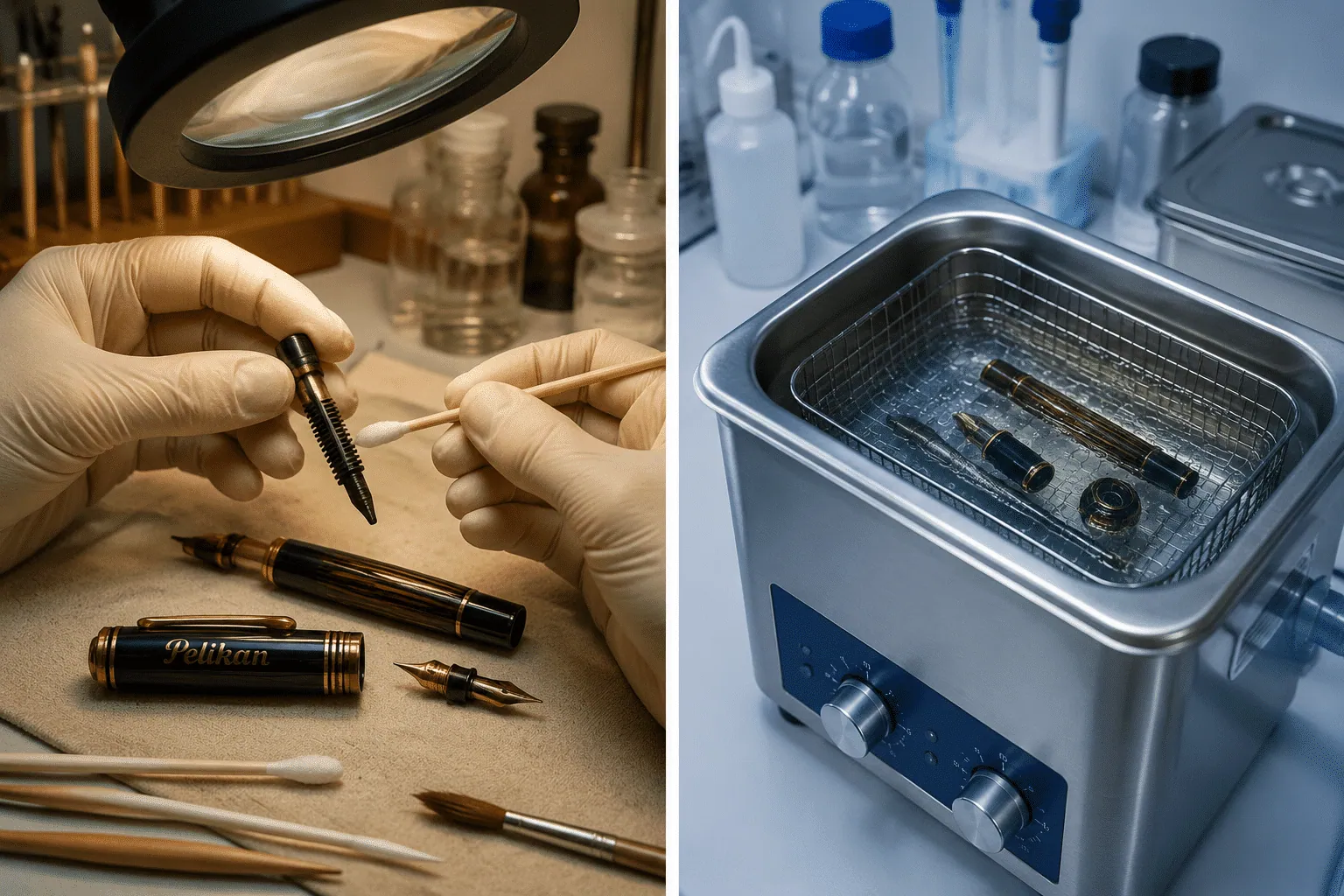 Detailed () split-composition image showing left side: gloved conservator hands using fine wooden tools and cotton swabs to