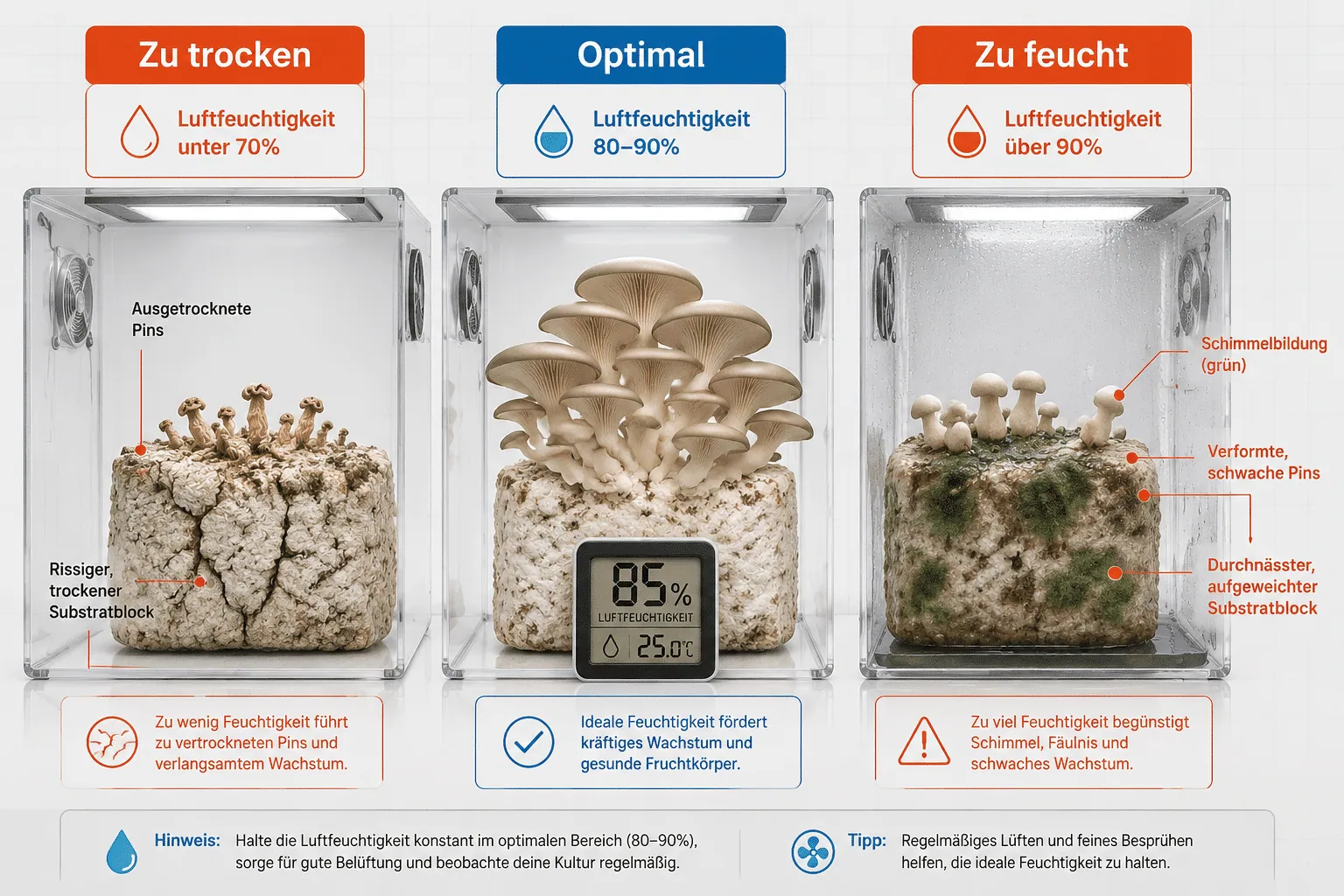 Detailed () split-scene infographic illustration showing three side-by-side grow chambers: left chamber labeled 'Zu trocken'