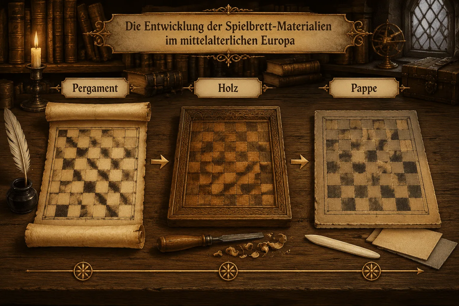 () detailed illustration showing a chronological timeline of medieval European game board materials: from rolled animal-skin
