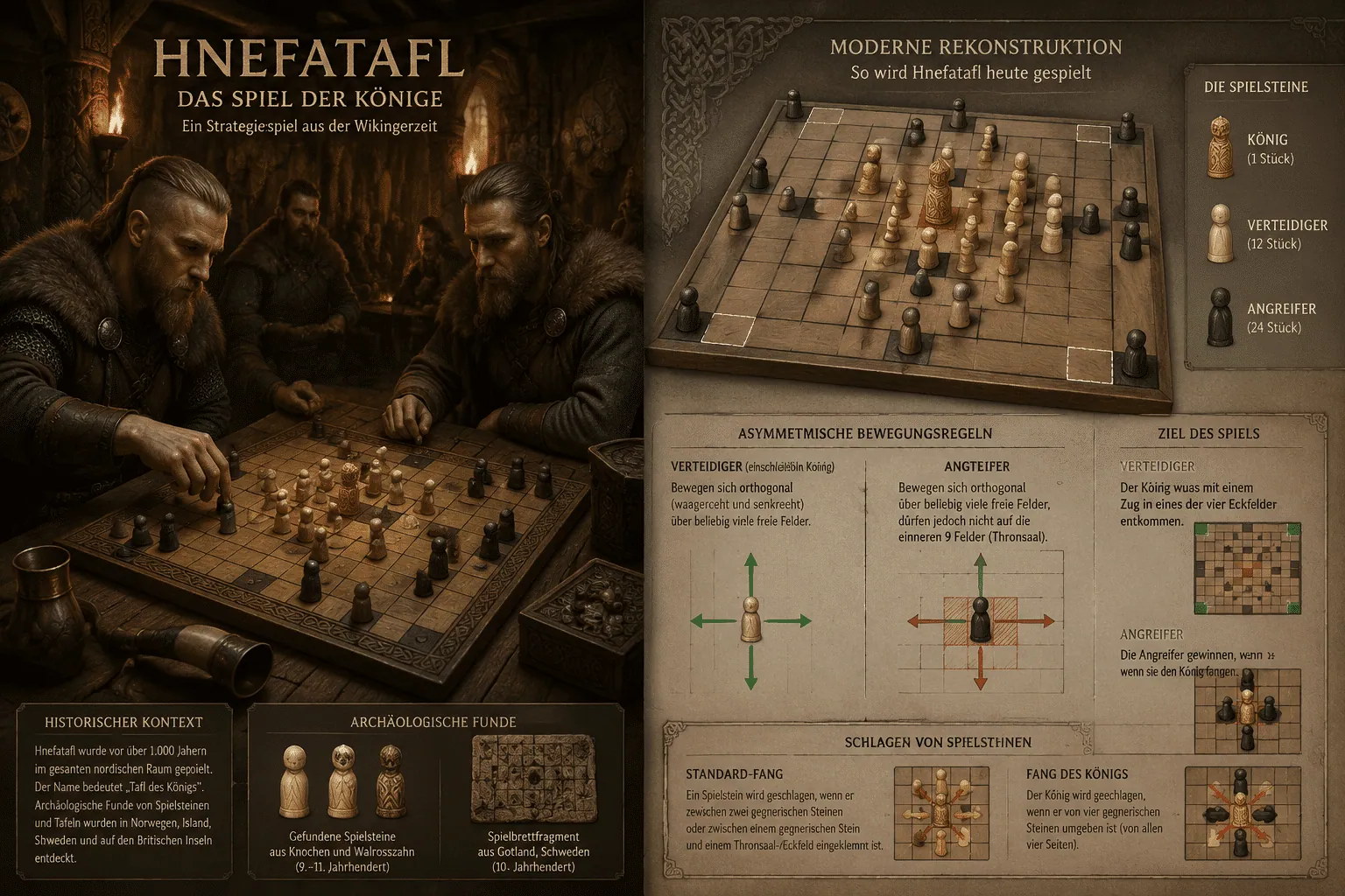 () detailed illustration showing a split-scene comparison: left side depicts Viking warriors playing Hnefatafl on a carved
