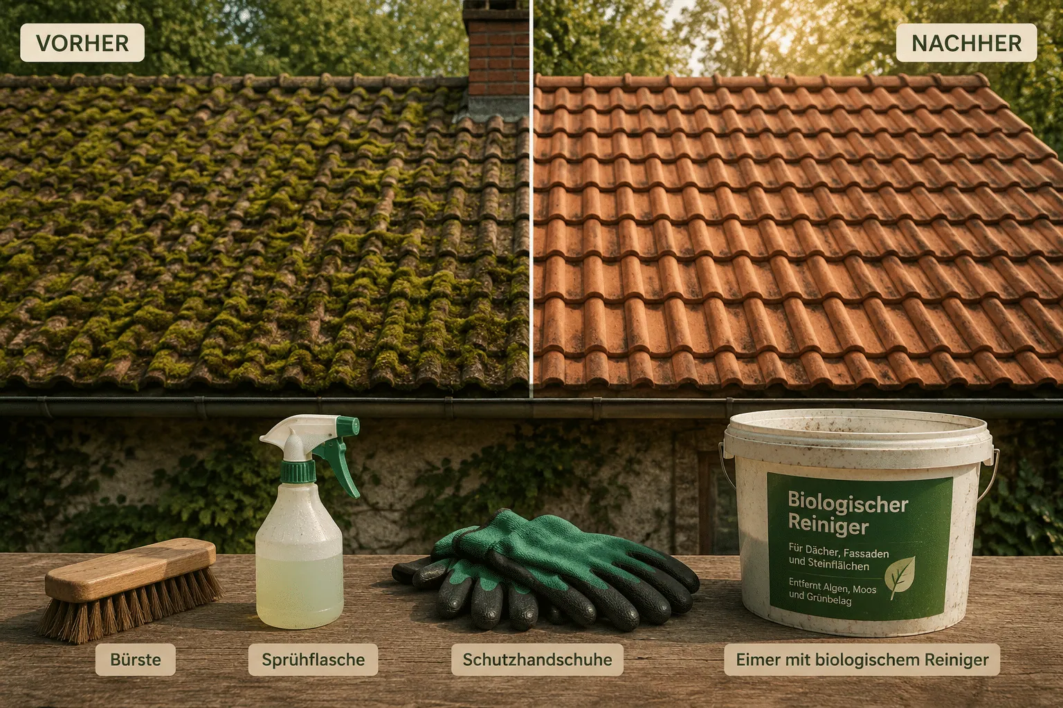 Detailed () split-scene illustration showing left side: a heavily moss-covered roof with dark green growth between tiles,