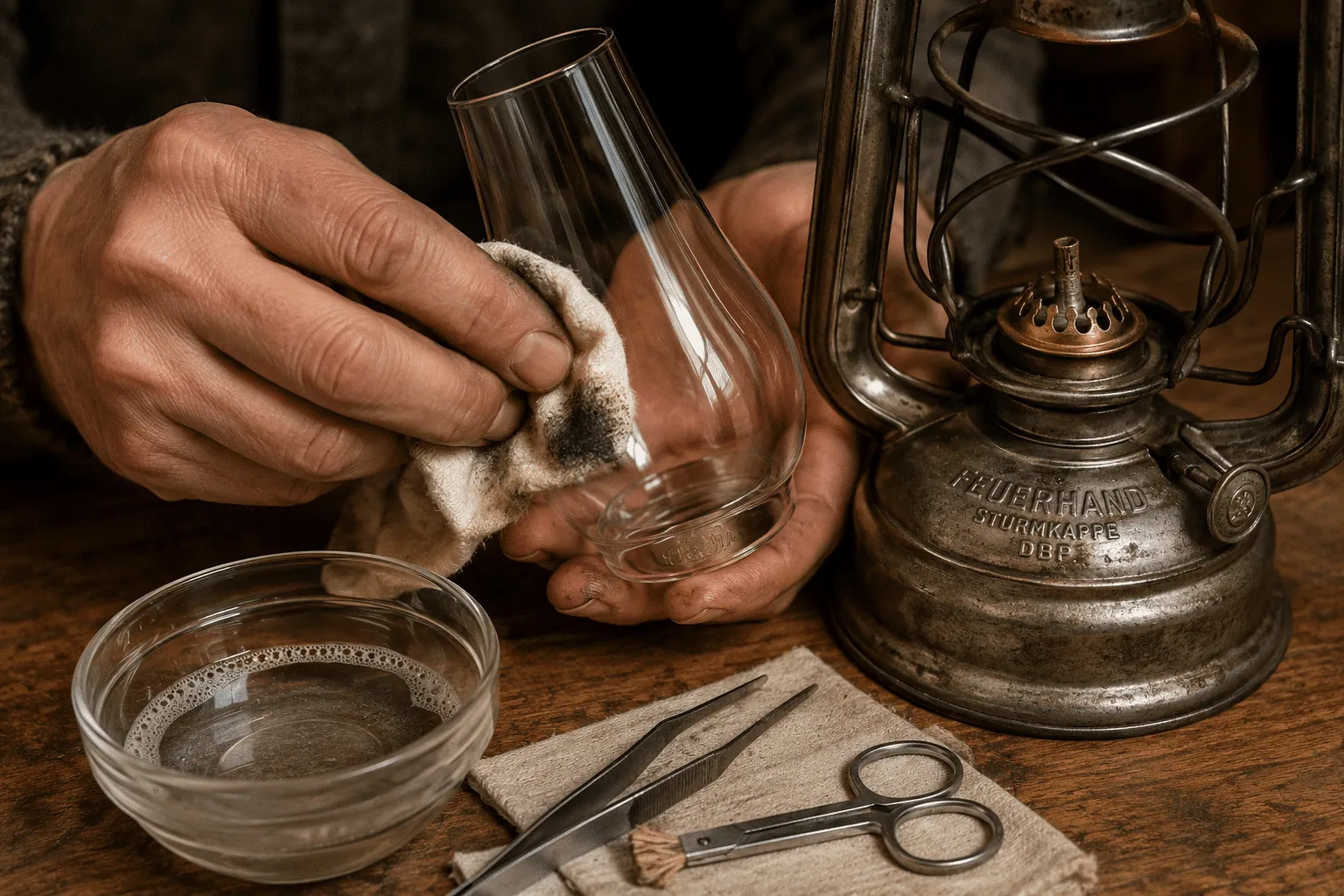 Close-up () showing hands carefully cleaning the glass chimney of an antique Feuerhand petroleum lamp with a soft cotton
