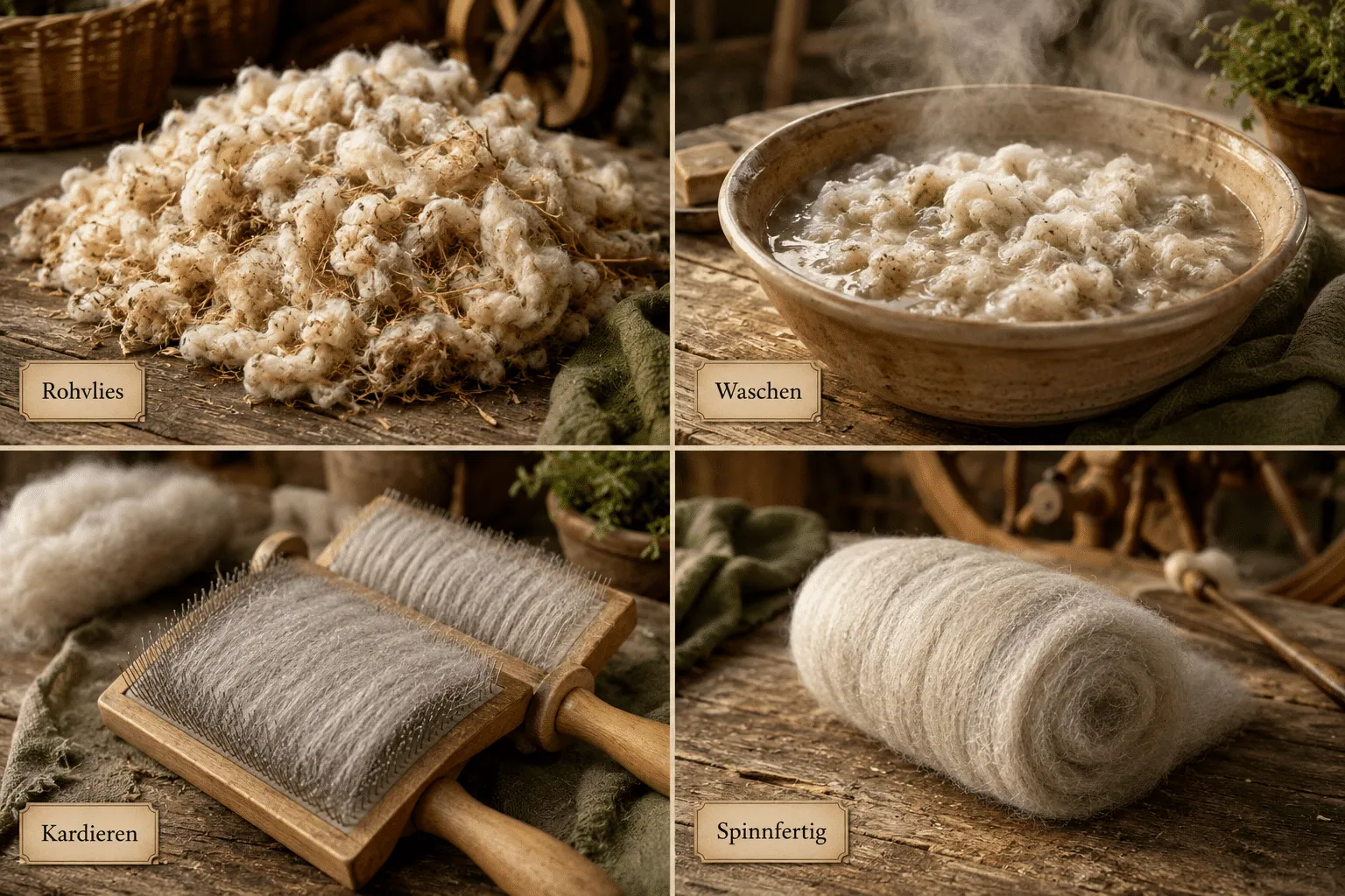 Detailed () step-by-step process collage showing four stages of wool preparation on a weathered wooden table: top-left shows