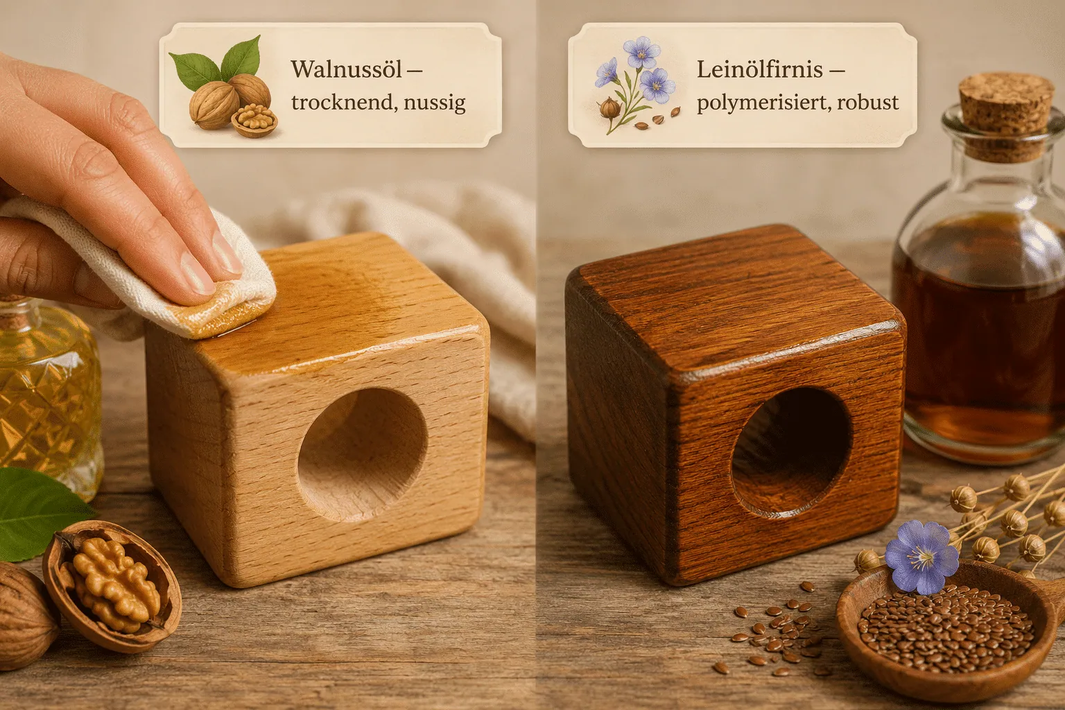 Detailed () split-composition infographic illustration showing two wooden toy blocks side by side on a natural wood surface.