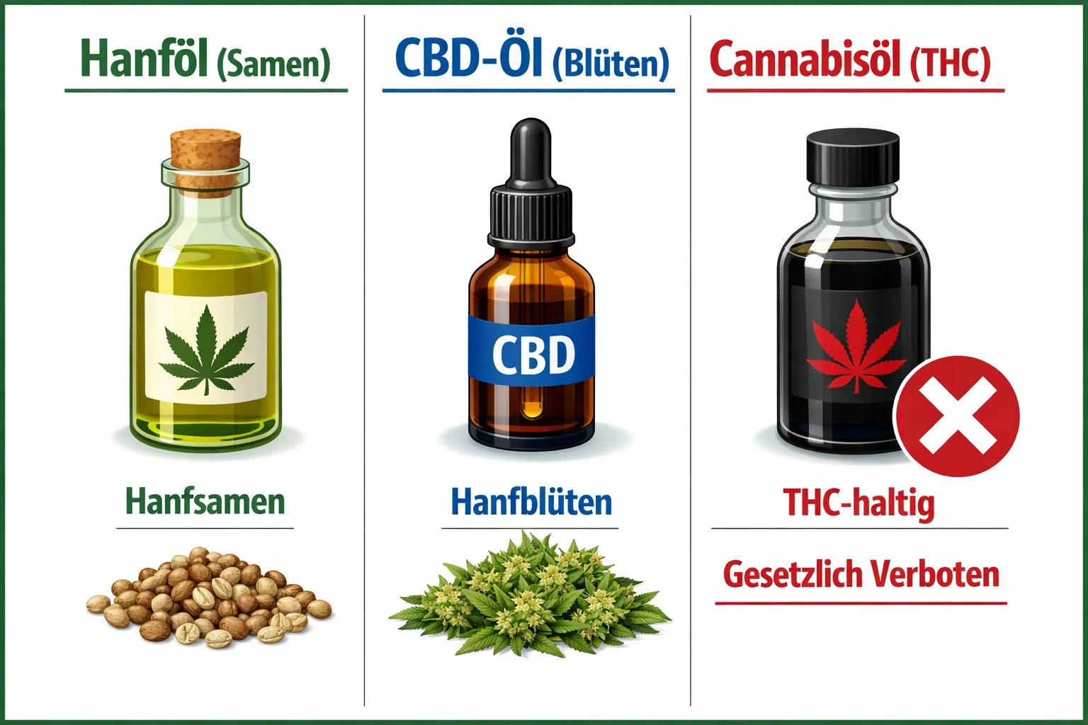 () detailed infographic-style illustration: Split-screen comparison showing three distinct glass bottles labeled in German —