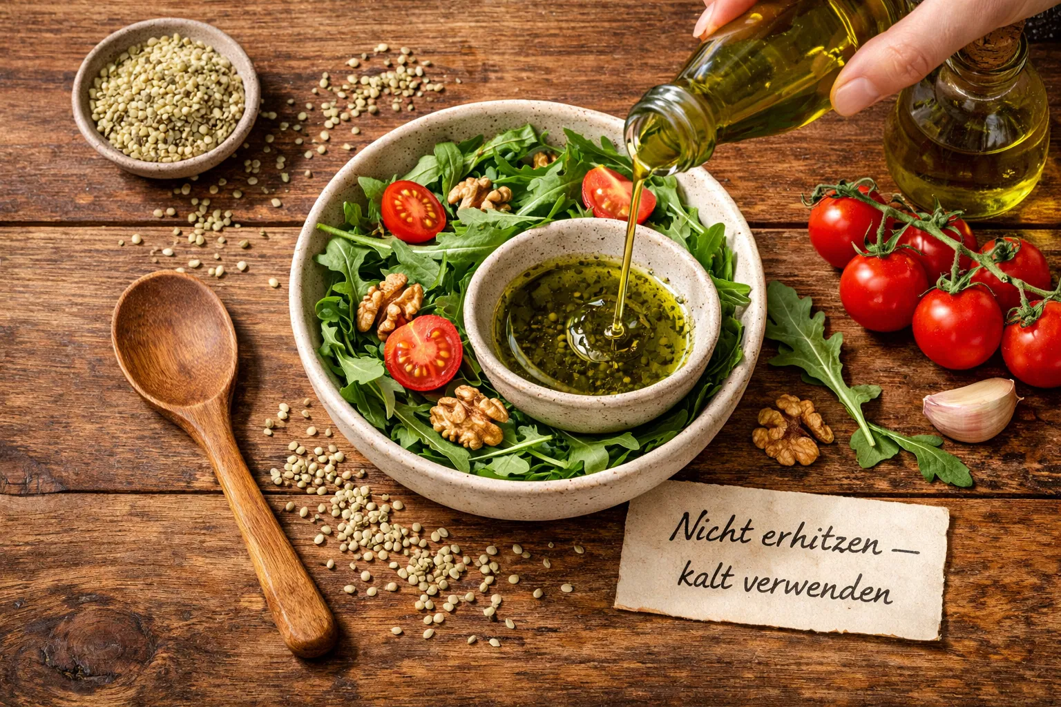 () lifestyle food photography: Overhead flat-lay shot of a beautiful wooden kitchen table with a small ceramic bowl of hemp