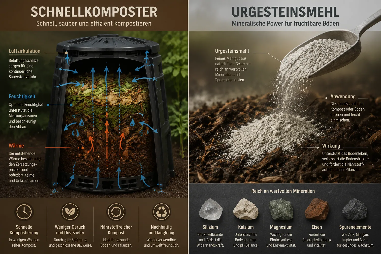 Split-view () infographic-style illustration comparing Schnellkomposter and Urgesteinsmehl side by side: left panel shows a