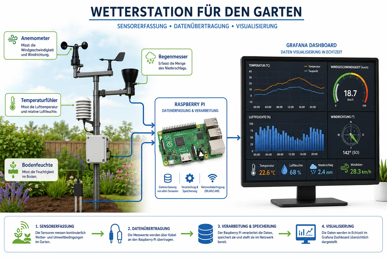 Detailed () composite infographic illustration showing a garden weather station setup diagram with labeled German