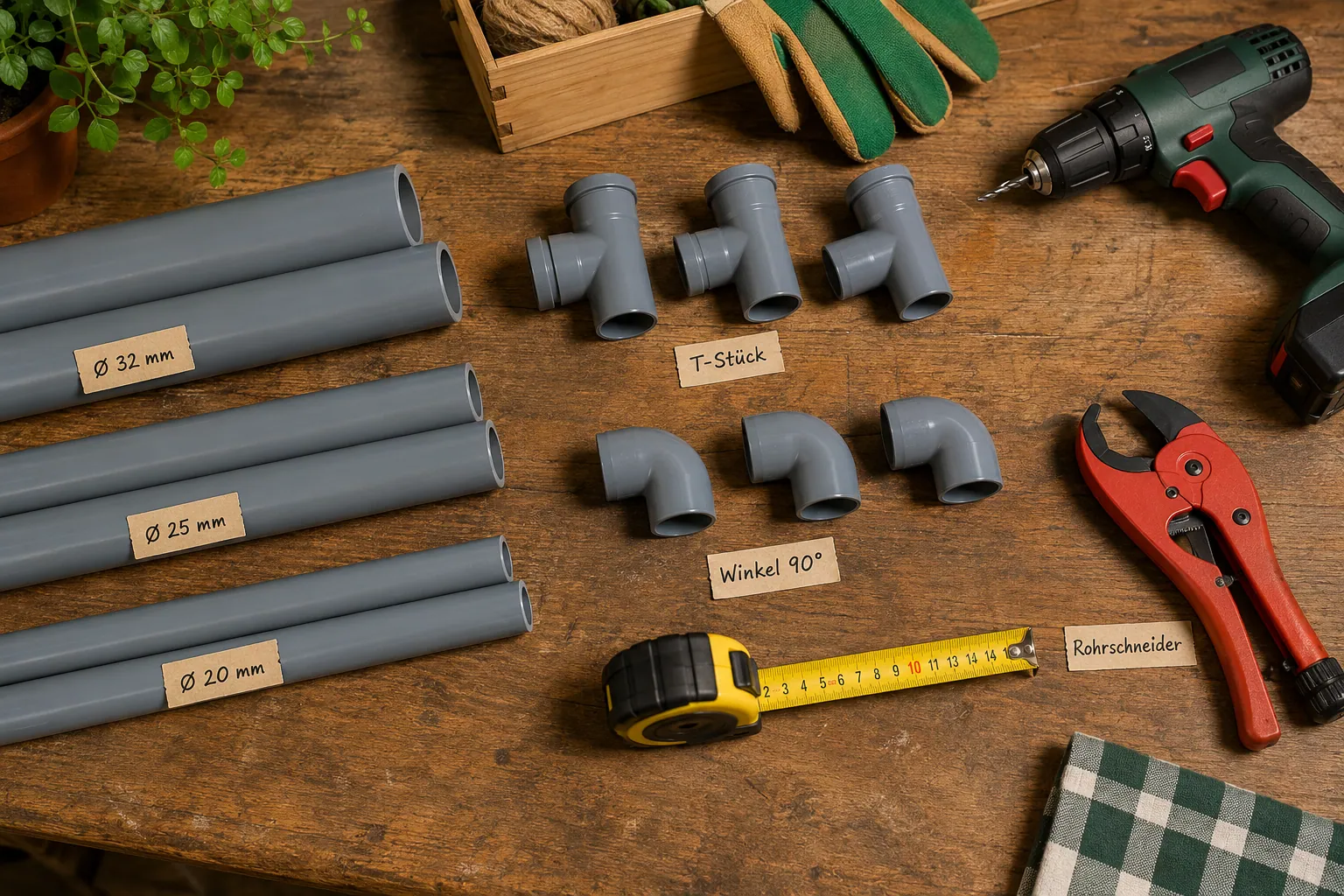 Detailed () instructional flat-lay image showing grey PVC pipes of various diameters (20mm, 25mm, 32mm) arranged on a wooden