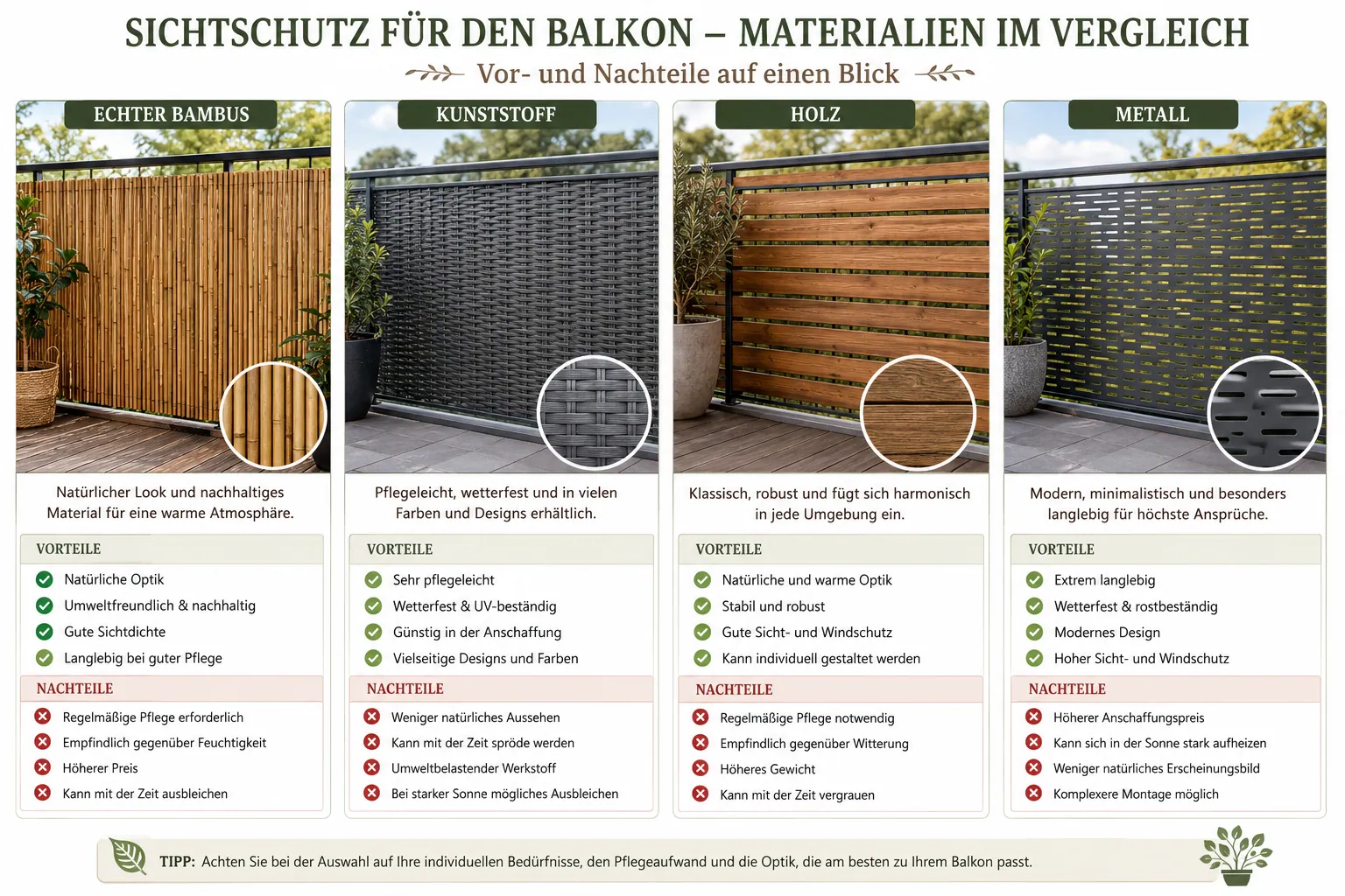 Detailed () split-scene infographic illustration showing four side-by-side comparison panels of balcony privacy screen