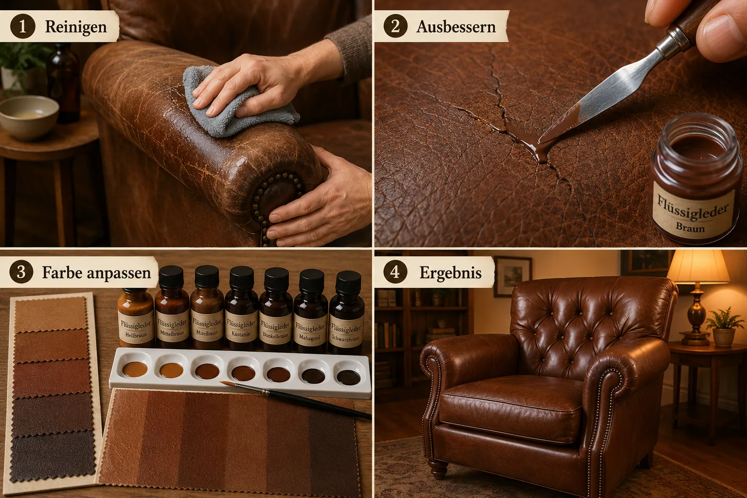 Detailed () step-by-step visual guide showing four panels: 1) Hands cleaning an old leather armchair with a damp microfiber