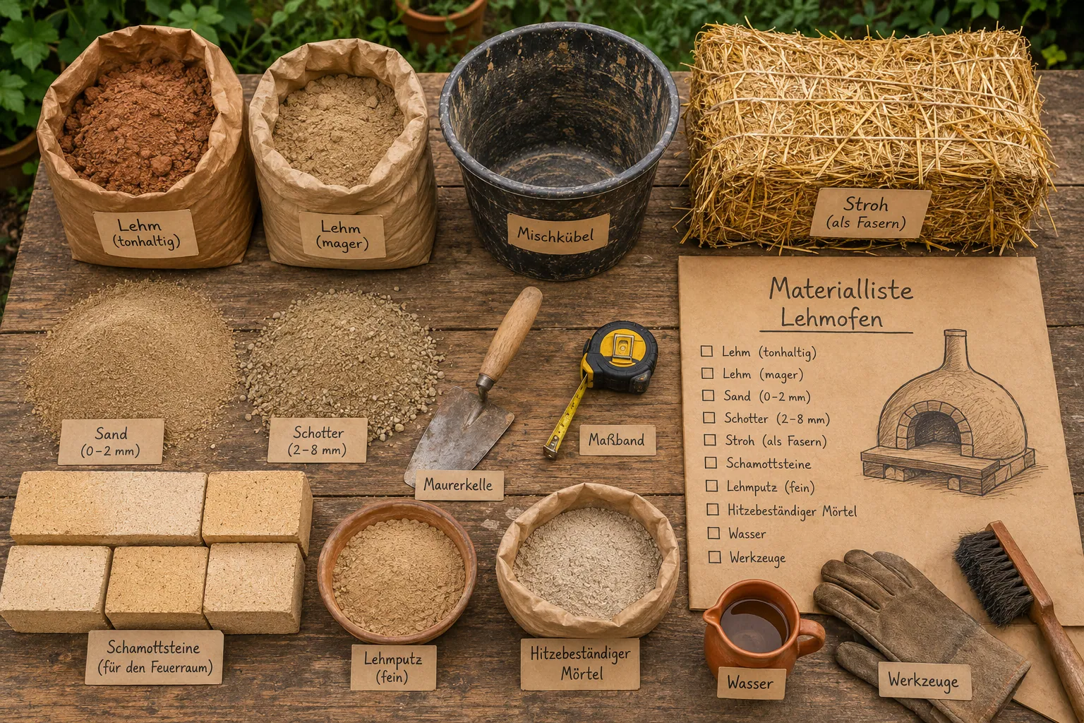 Detailed () instructional flat-lay image showing all Lehmofen building materials arranged on a wooden workbench in a garden: