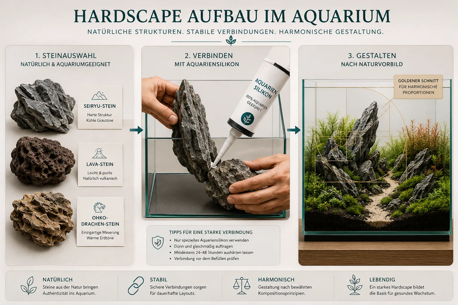 Detailed () showing a step-by-step visual guide of aquarium hardscape construction: left panel displays various stone types