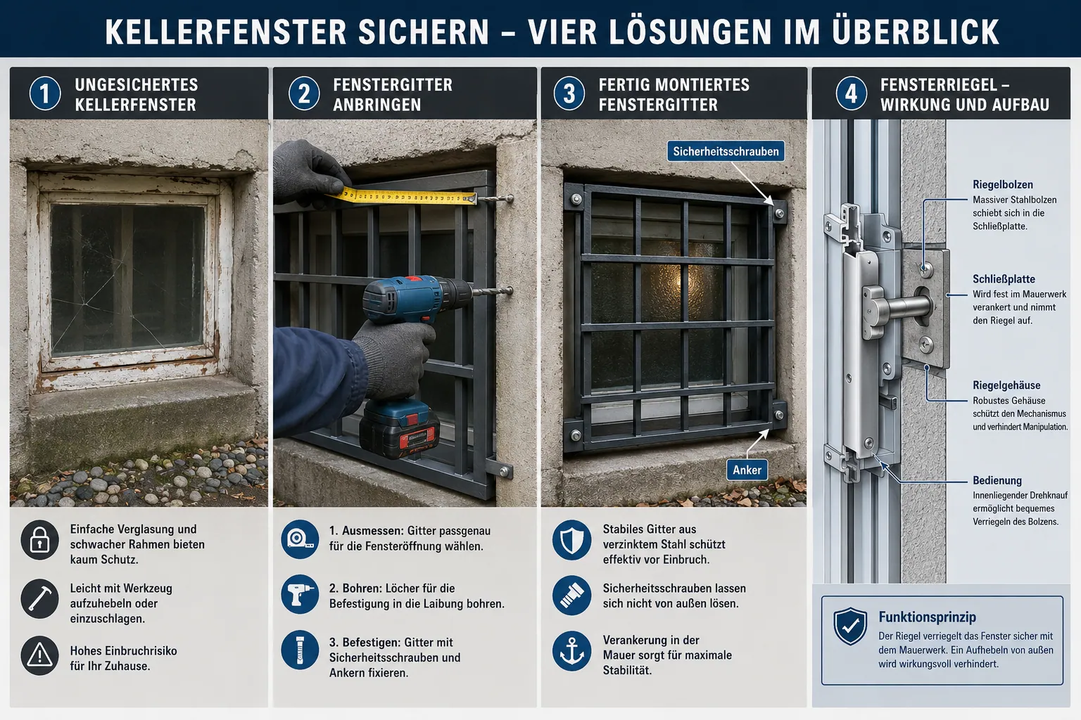 Detailed () instructional composite image showing four distinct basement window security scenarios side by side: left panel
