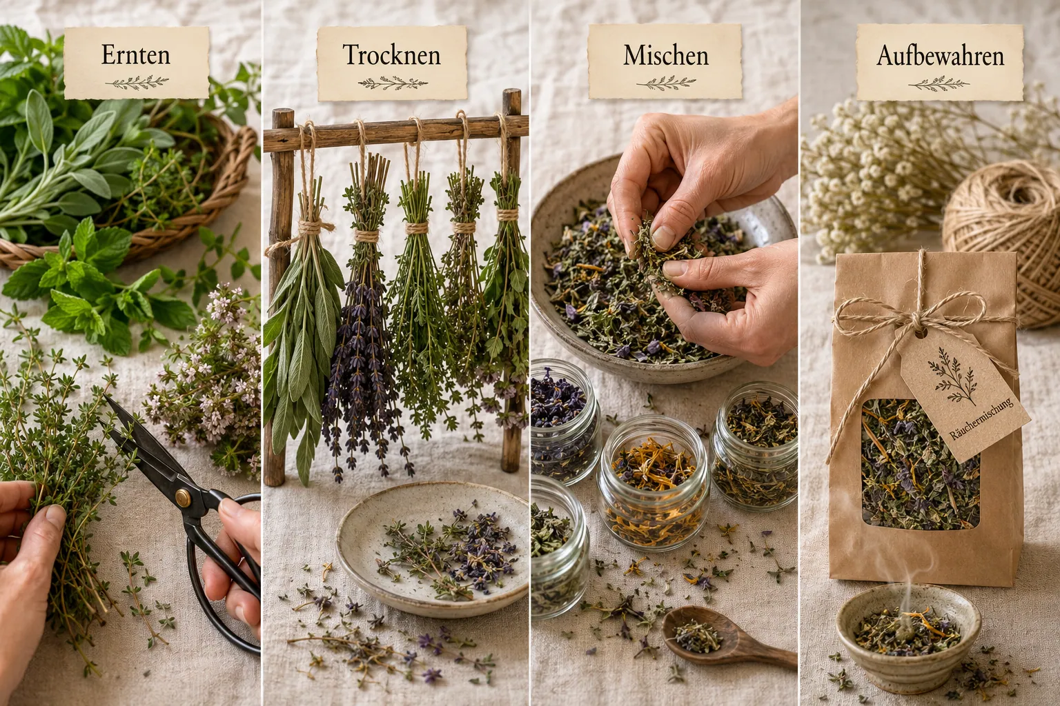 Detailed () image showing a step-by-step flat-lay arrangement on a linen cloth: fresh garden herbs being harvested with