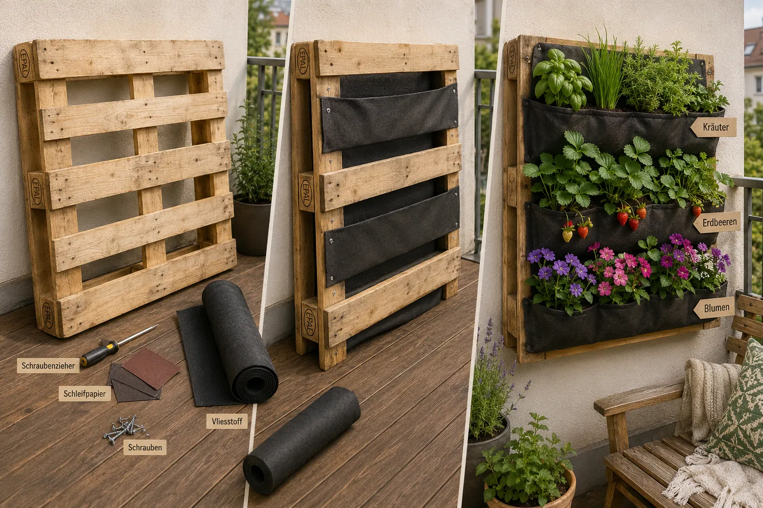 Detailed () step-by-step visual guide showing Euro pallets in various stages of transformation into vertical garden planters
