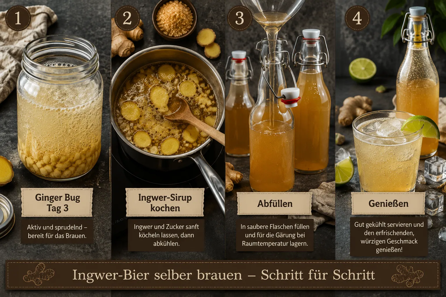 Detailed () step-by-step visual guide showing four stages of Ingwer-Bier brauen: (1) a mason jar with ginger bug starter