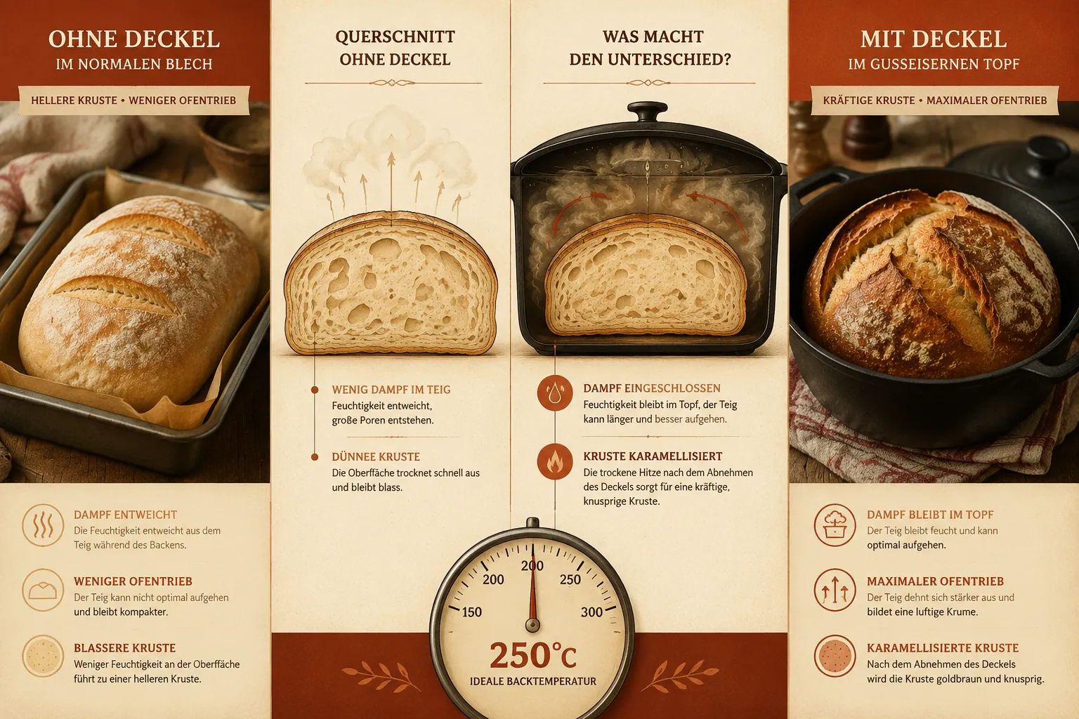 Detailed () split-scene infographic showing four side-by-side comparison panels: left panel shows a pale soft bread baked