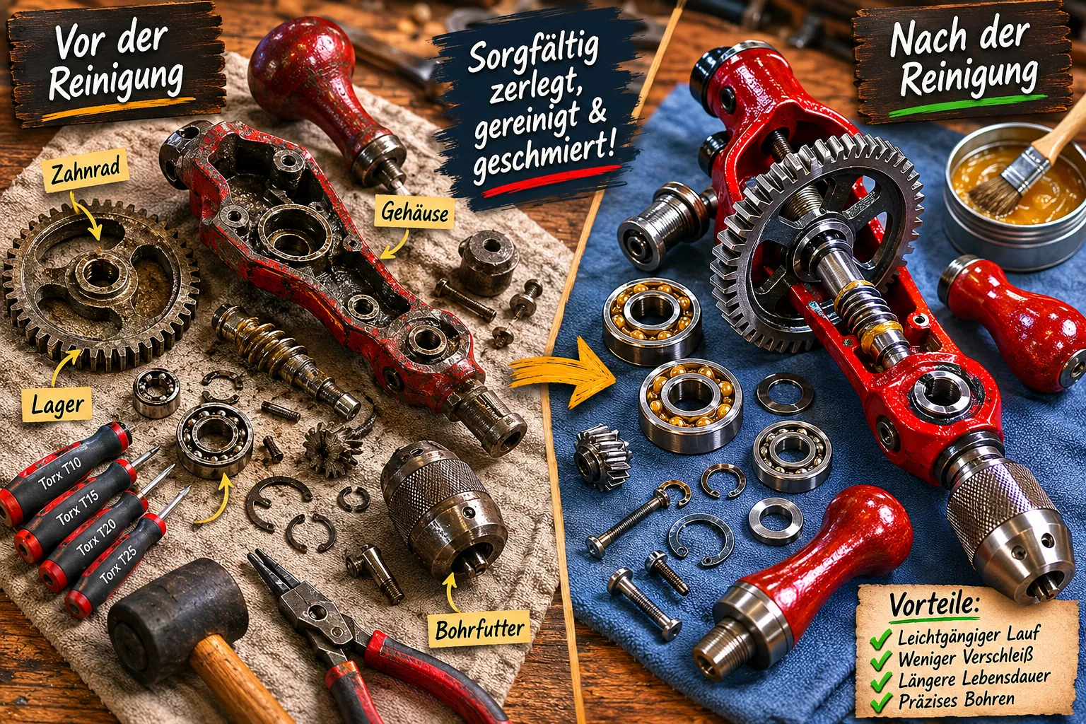Detailed () split-scene workshop image: left side shows disassembled cast iron hand drill parts laid out on a cloth on a