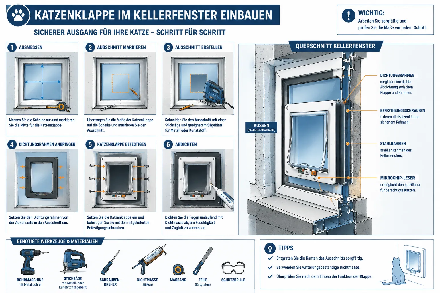Detailed () instructional illustration showing a step-by-step Einbau process of a cat flap into a Kellerfenster: a