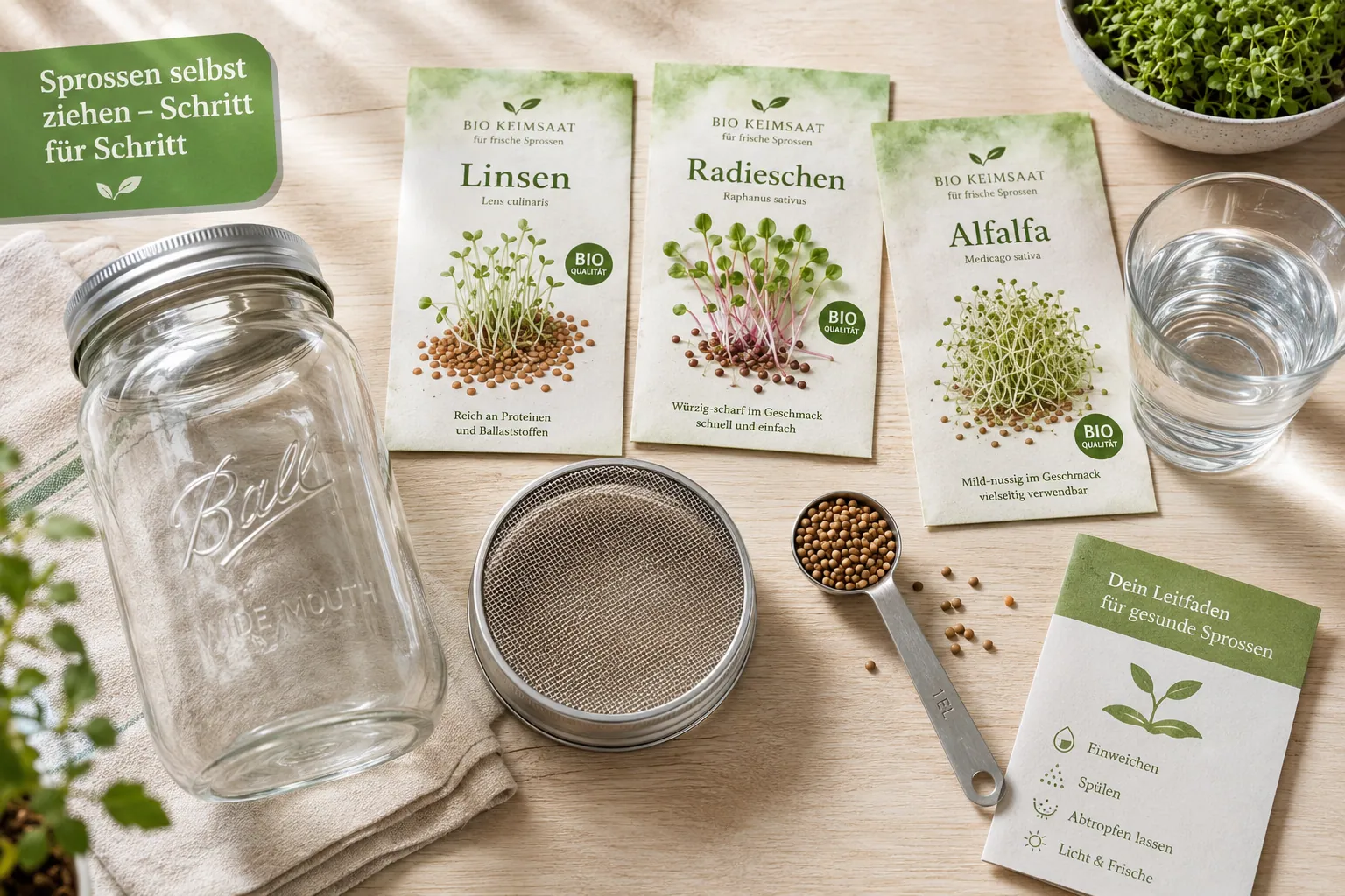 Detailed () step-by-step visual guide showing a flat lay of sprouting supplies on a light wooden surface: a large glass