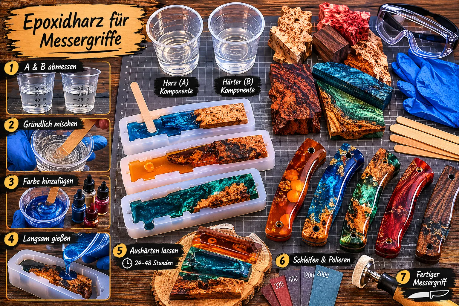 Step-by-step flat lay showing epoxy resin mixing process for knife handles: two-part resin components in clear cups, wood