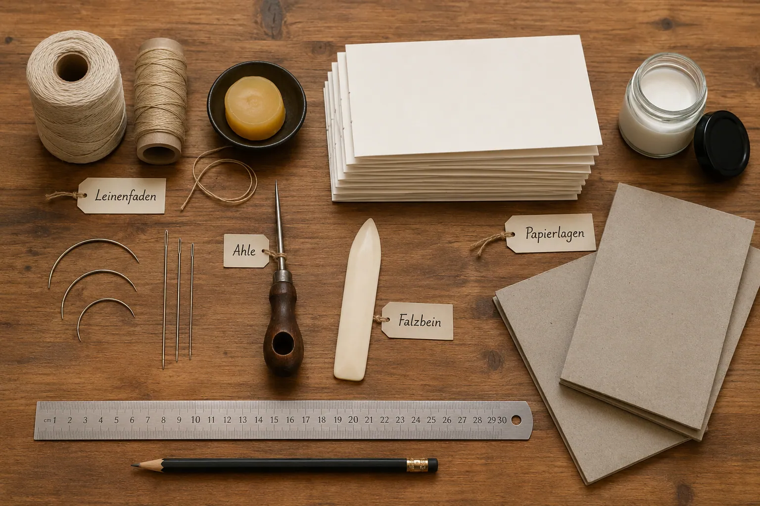 Detailed () instructional flat-lay image showing all materials needed for klassische Fadenheftung bookbinding: linen thread