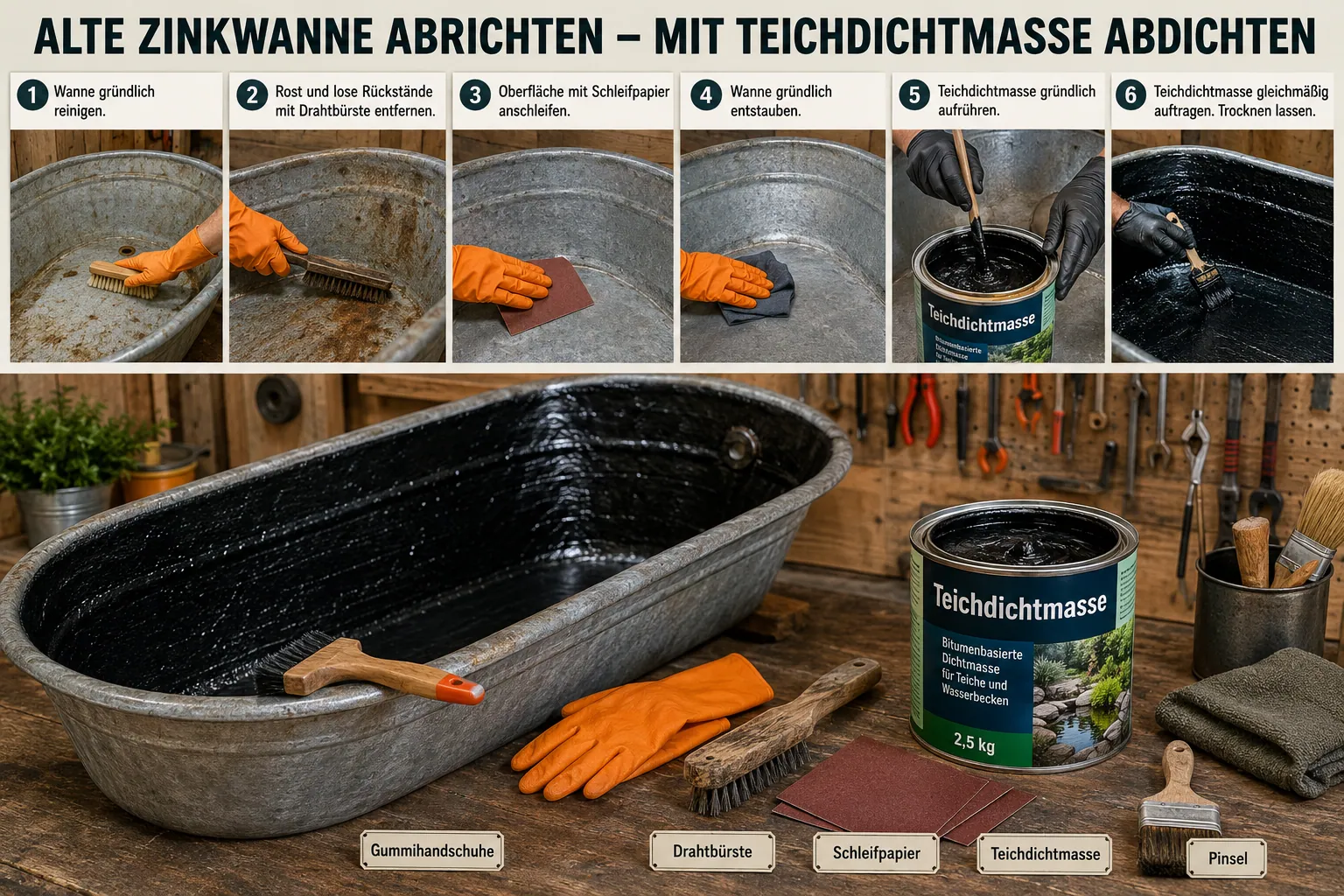 Detailed () step-by-step visual guide showing a close-up workbench scene with an old zinc bathtub being sealed using pond