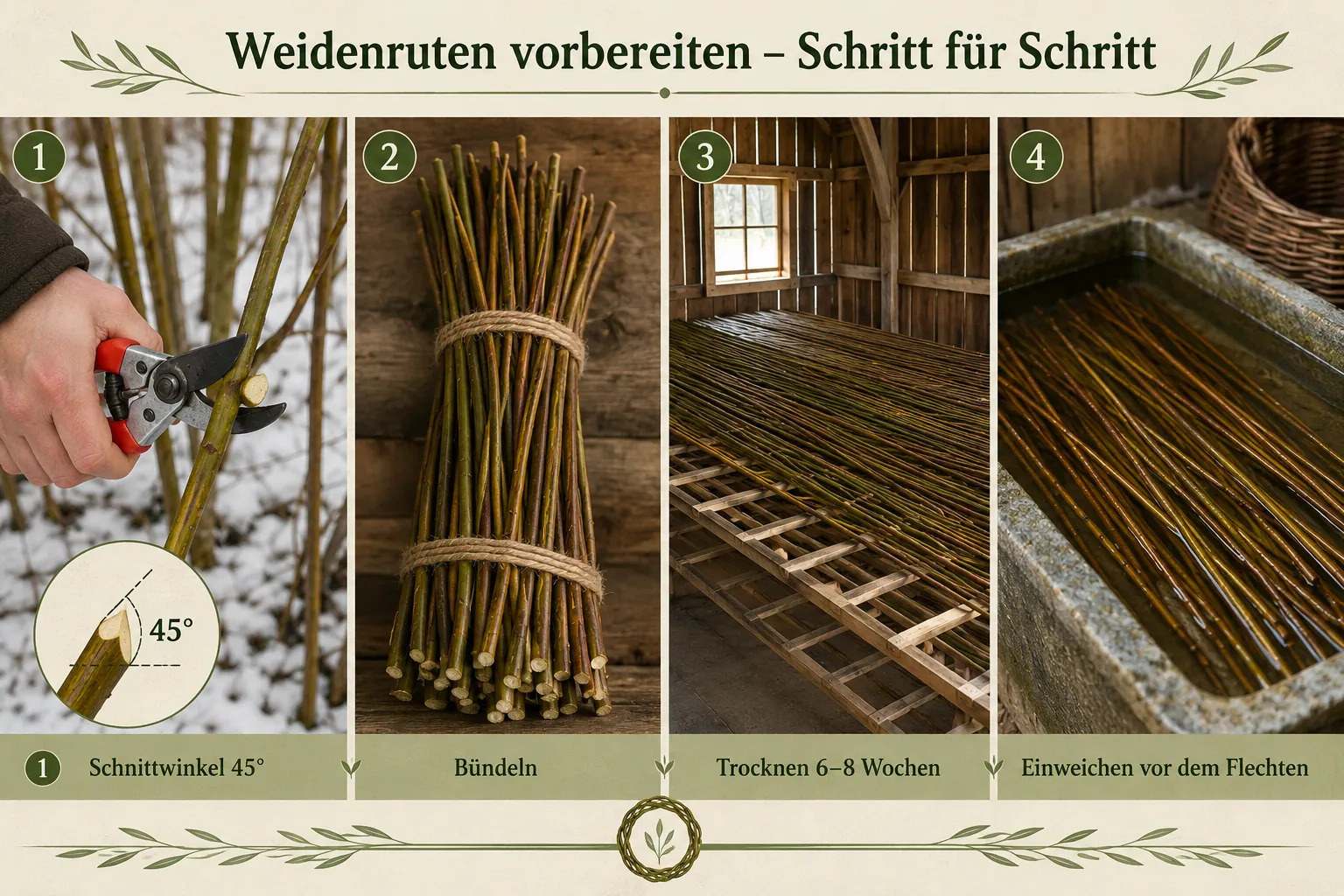 Detailed () step-by-step visual guide showing four sequential scenes: a hand using bypass secateurs to cut a willow rod at a
